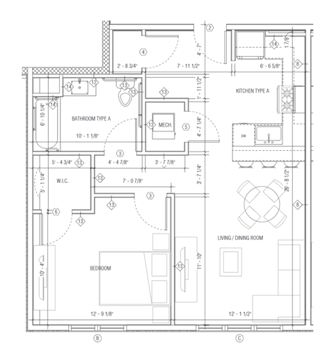 Floor plan for 1 bed, 1 bath
